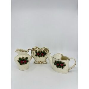 Vintage 3 Piece World Bazaars Royal Heart Vase Crown Accents Poinsettia Pitcher